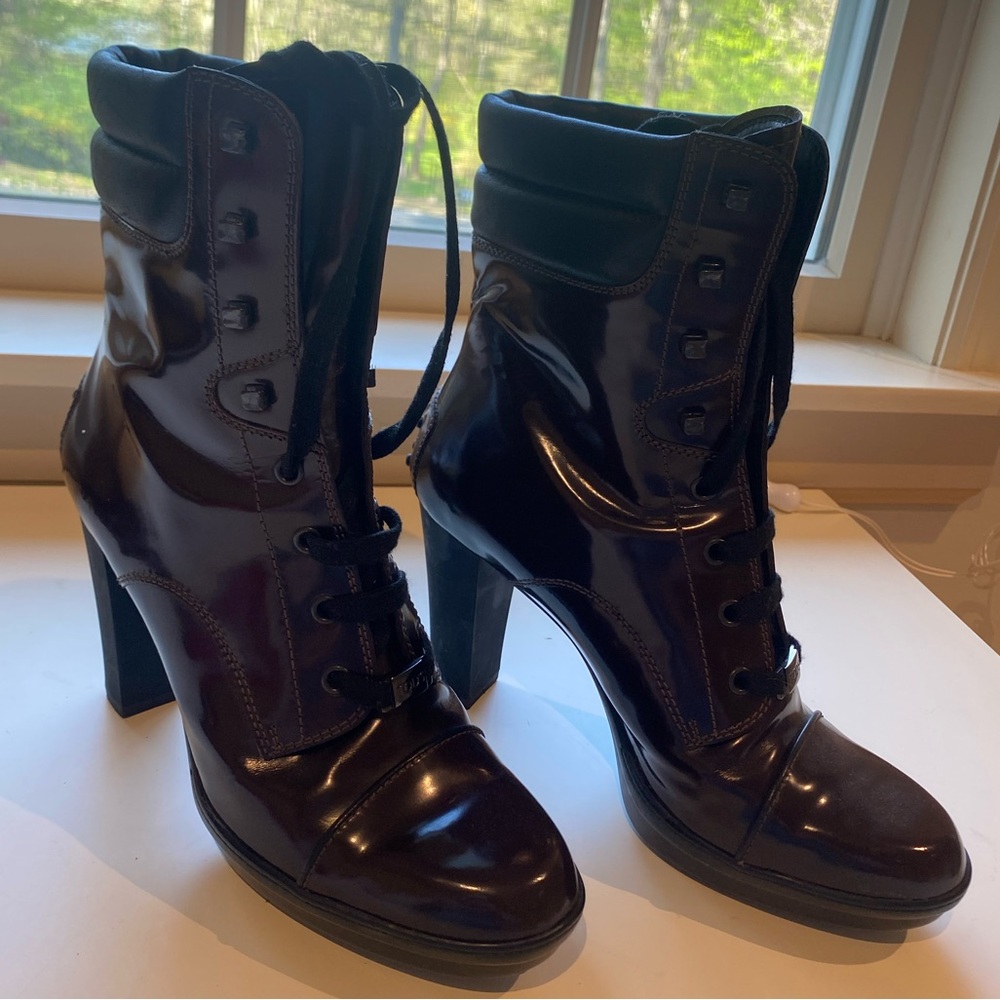 TOD’S | Patent Heeled Military Bootie | Burgundry/Brown | Size 8.5 US or 39 EU